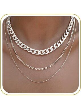 Women's Chunky Cuban Silver Non Tarnish Chunky 14k Gold Plated Layered Necklaces
